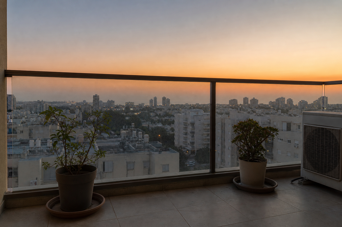 מרפסת בקומה גבוהה מעל קו רקיע ישראלי בשקיעה, עם עציצים בתחתיות ויחידת מזגן