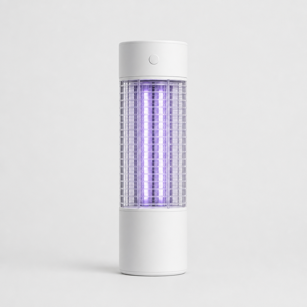 מנורת קוטל UV לבנה של BuzzOff, אחת משתיים בערכת הסוכה